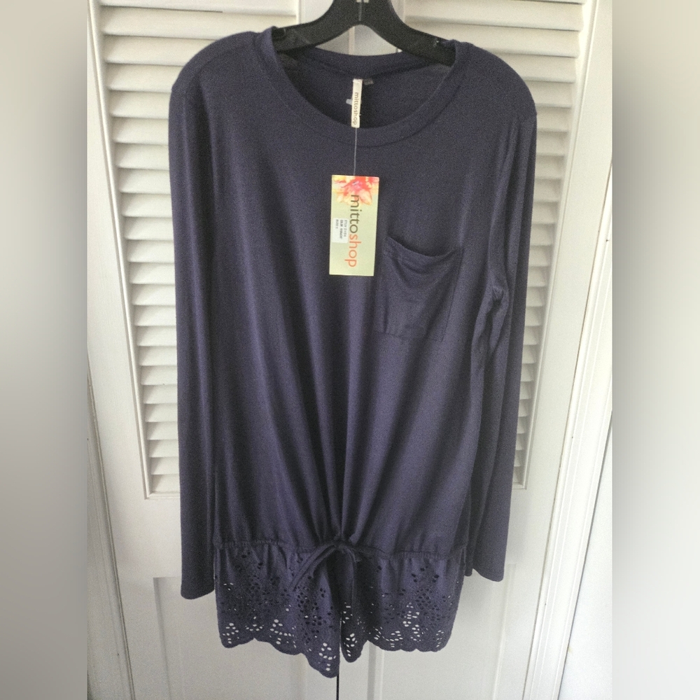MittoShop Navy Eyelet Hem Drawstring Tunic Top NWT